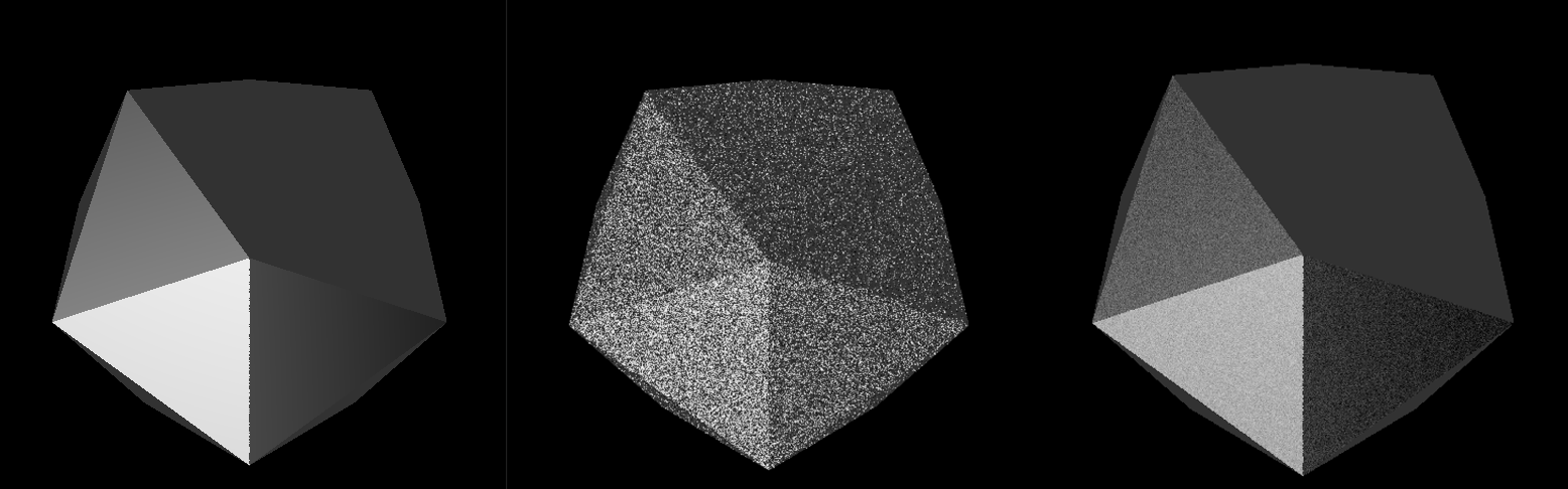 Simplified Ray-Tracing Rendering Results of an Icosphere. The left side does not consider randomization. The middle and right images apply the effect of randomized reflection.