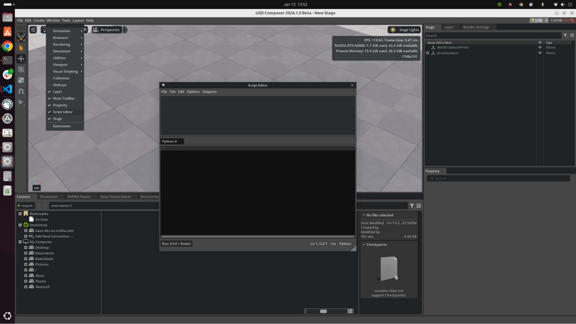 Accessing the Script Editor in Omniverse