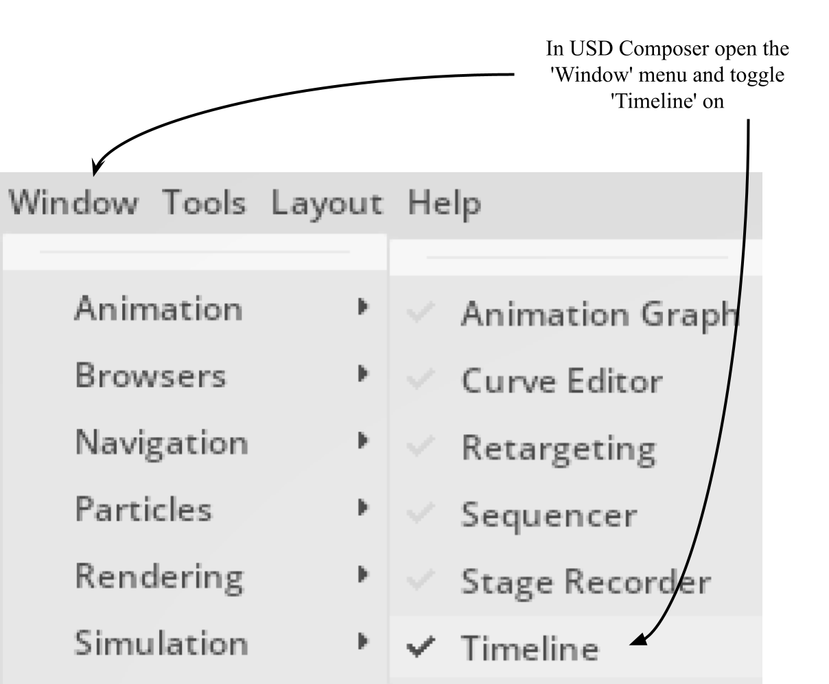 Opening the timeline window in USD Composer
