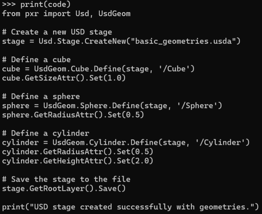 Printed code results from OpenAI API call