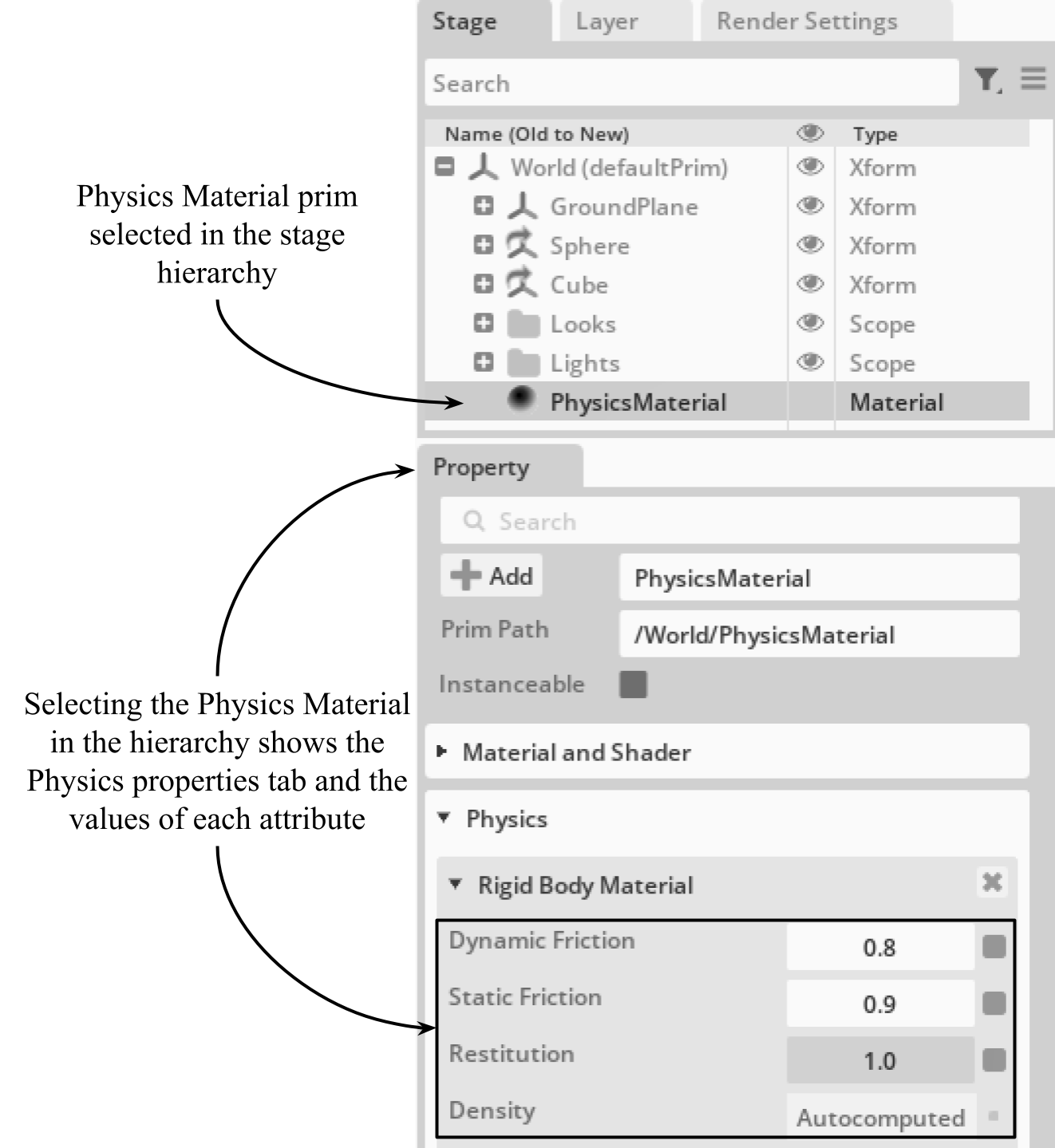 Physics Material in USD Composer hierarchy and properties