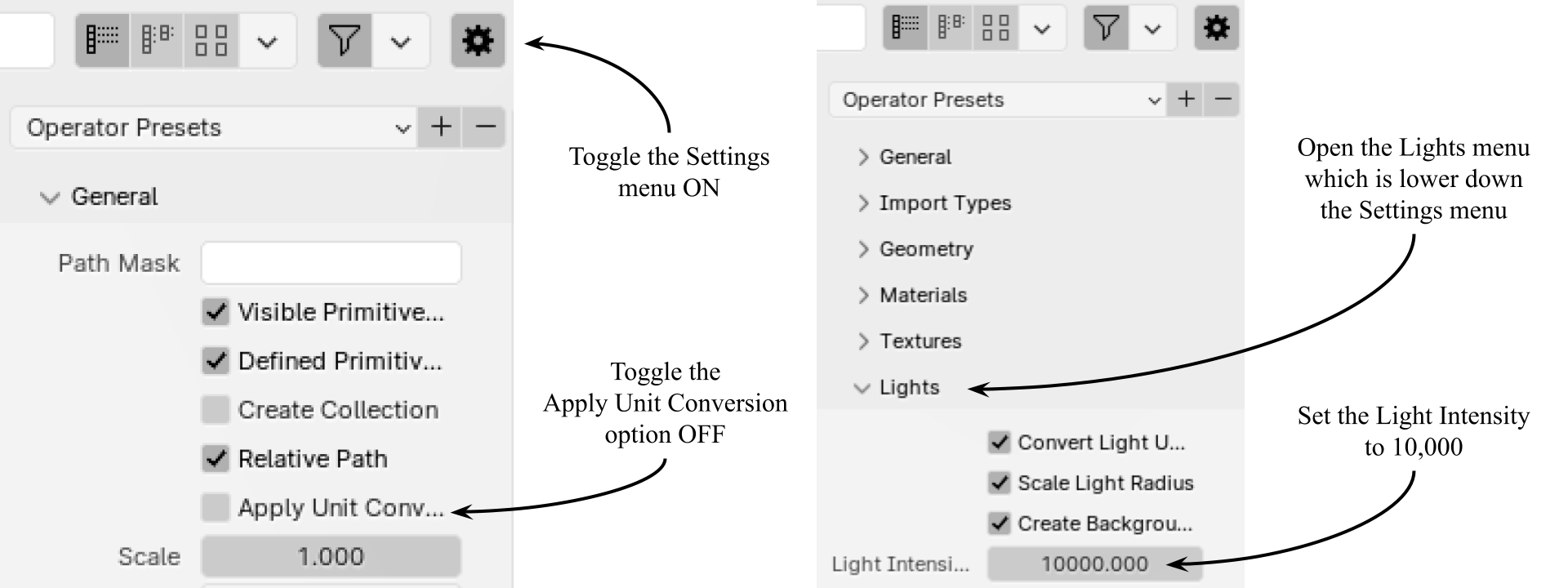 Blender import settings for fan_animation.usda