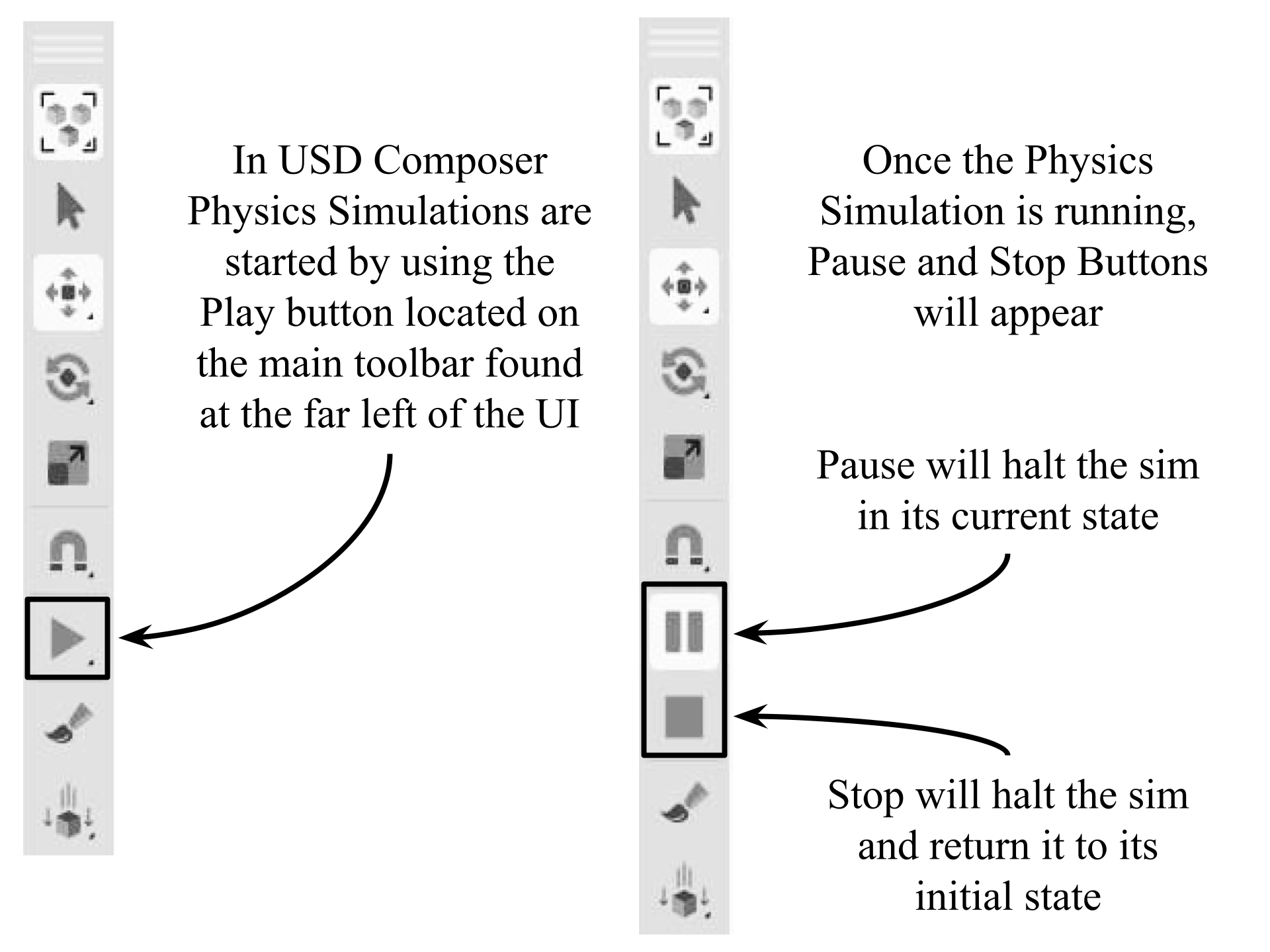 USD Composer's default Toolbar with Play, Pause & Stop buttons