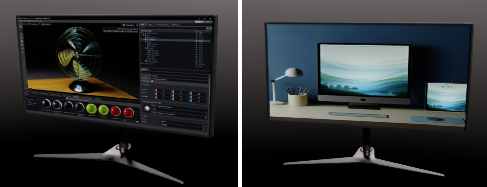 Comparison of original monitor screen and AI-textured monitor on Desktop.usda stage